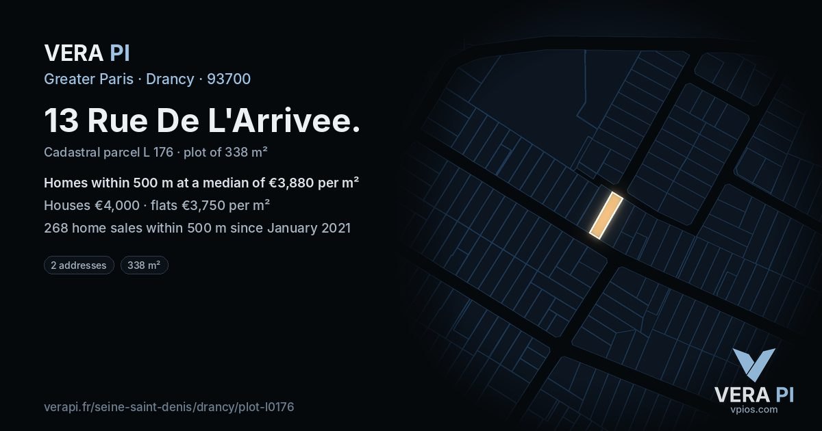 13 Rue De L'Arrivee, Drancy at night – the plot lit, the parcels around coloured by the prices near them