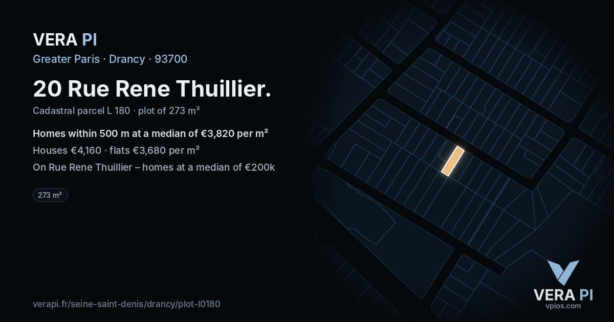 20 Rue Rene Thuillier, Drancy at night – the plot lit, the parcels around coloured by the prices near them