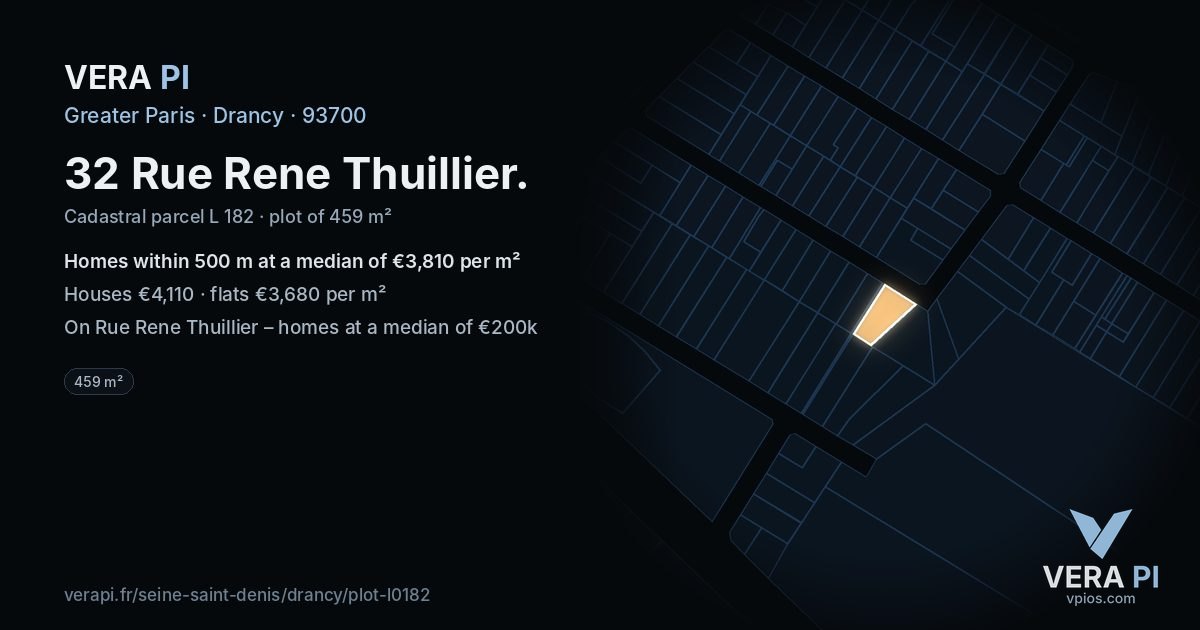 32 Rue Rene Thuillier, Drancy at night – the plot lit, the parcels around coloured by the prices near them