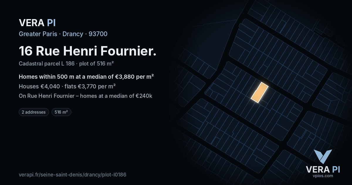 16 Rue Henri Fournier, Drancy at night – the plot lit, the parcels around coloured by the prices near them