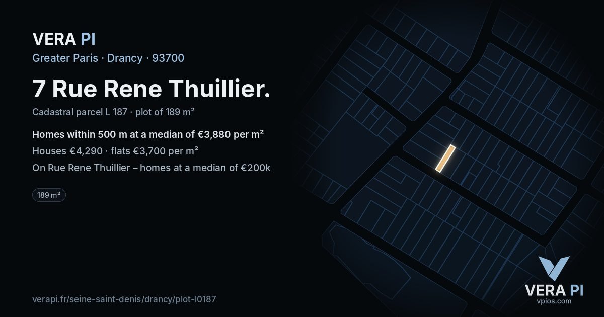 7 Rue Rene Thuillier, Drancy at night – the plot lit, the parcels around coloured by the prices near them