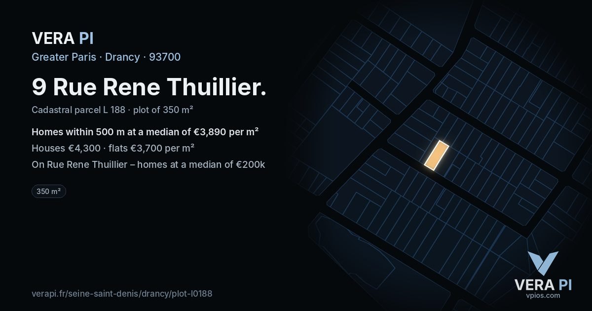 9 Rue Rene Thuillier, Drancy at night – the plot lit, the parcels around coloured by the prices near them
