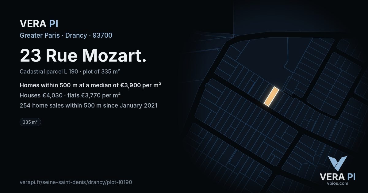 23 Rue Mozart, Drancy at night – the plot lit, the parcels around coloured by the prices near them