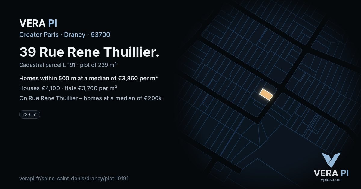 39 Rue Rene Thuillier, Drancy at night – the plot lit, the parcels around coloured by the prices near them