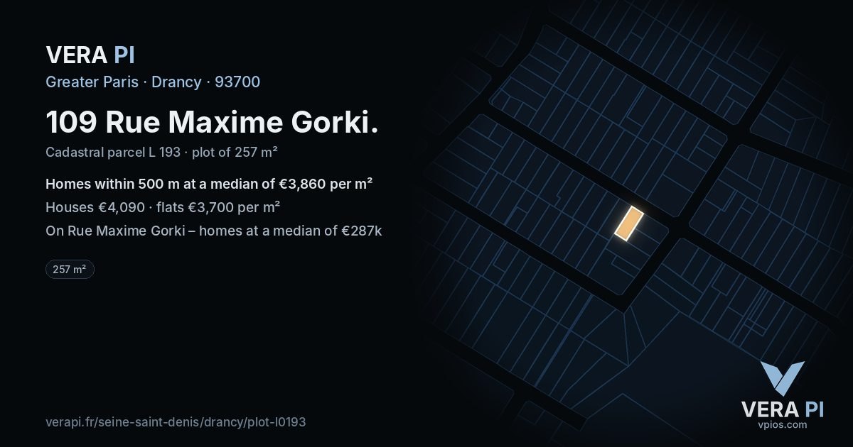 109 Rue Maxime Gorki, Drancy at night – the plot lit, the parcels around coloured by the prices near them