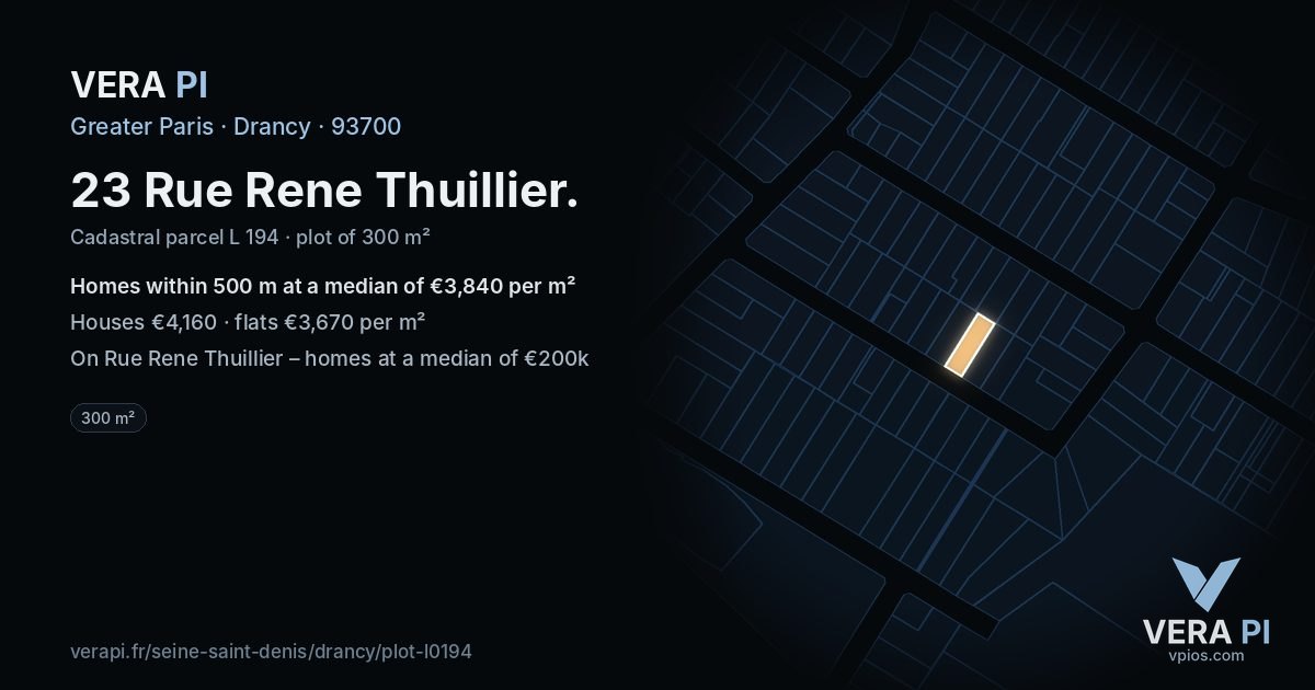 23 Rue Rene Thuillier, Drancy at night – the plot lit, the parcels around coloured by the prices near them