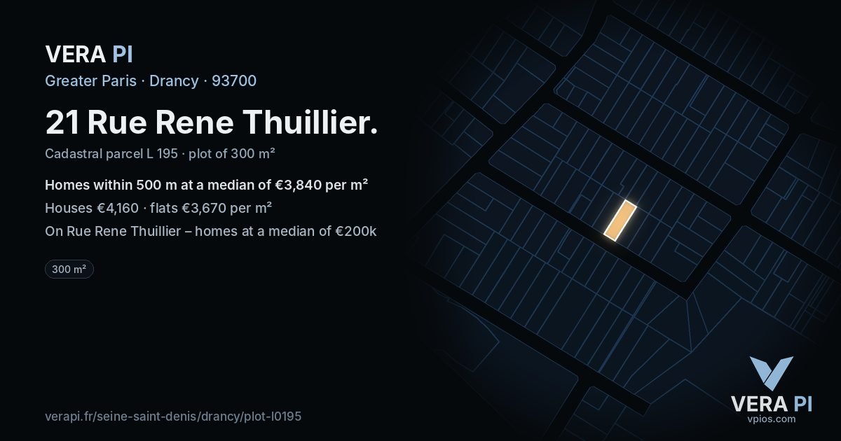 21 Rue Rene Thuillier, Drancy at night – the plot lit, the parcels around coloured by the prices near them