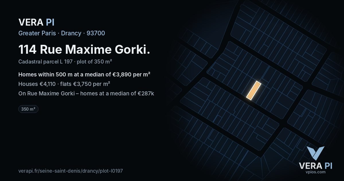 114 Rue Maxime Gorki, Drancy at night – the plot lit, the parcels around coloured by the prices near them
