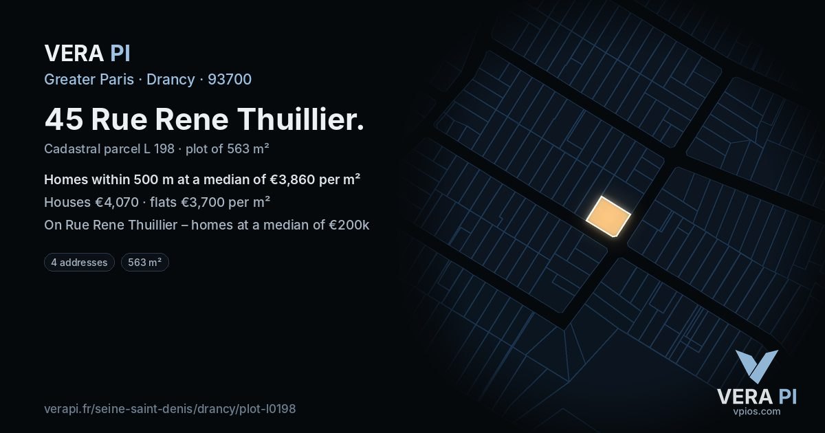 45 Rue Rene Thuillier, Drancy at night – the plot lit, the parcels around coloured by the prices near them