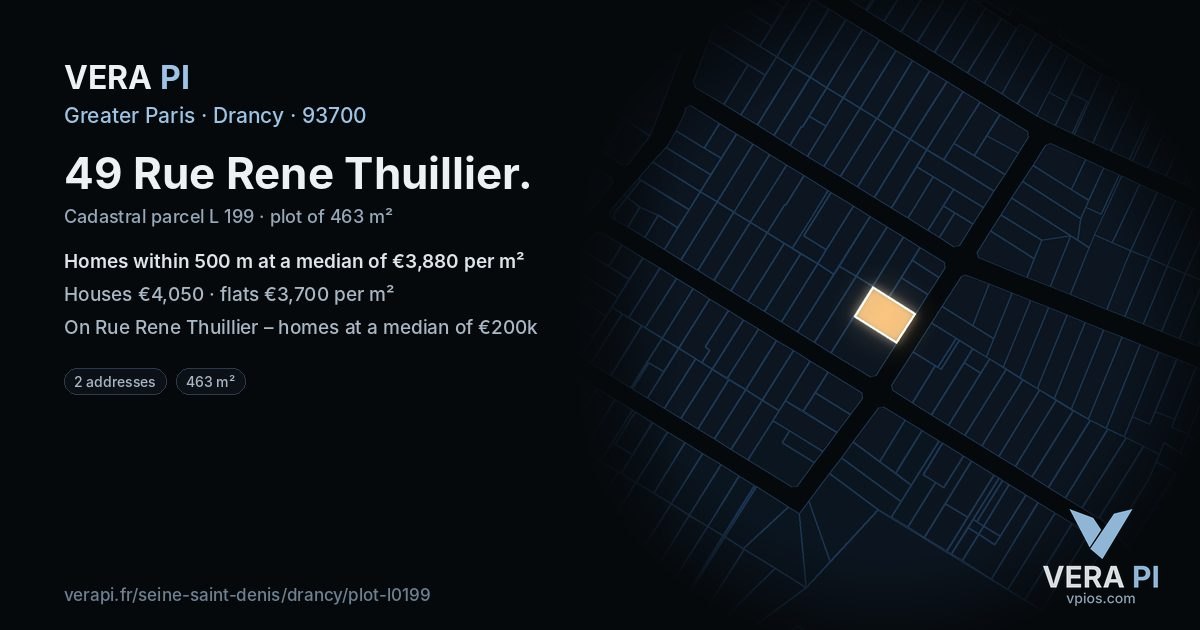 49 Rue Rene Thuillier, Drancy at night – the plot lit, the parcels around coloured by the prices near them