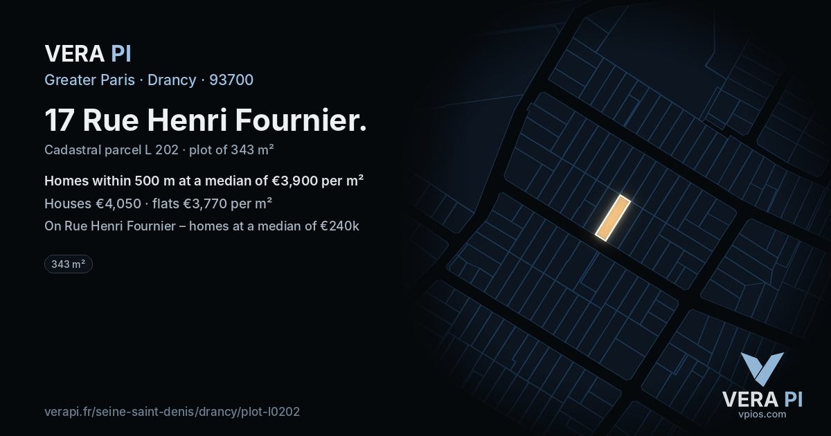 17 Rue Henri Fournier, Drancy at night – the plot lit, the parcels around coloured by the prices near them