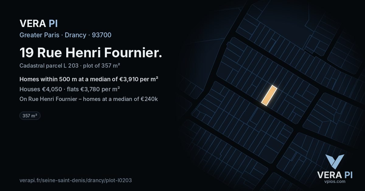 19 Rue Henri Fournier, Drancy at night – the plot lit, the parcels around coloured by the prices near them
