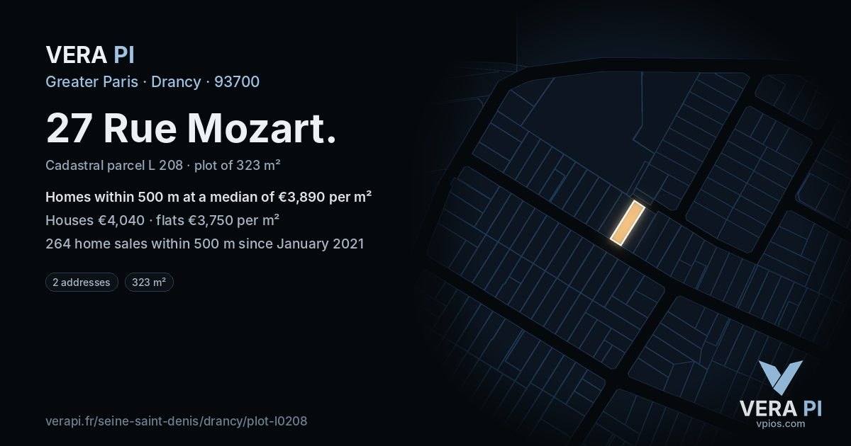 27 Rue Mozart, Drancy at night – the plot lit, the parcels around coloured by the prices near them
