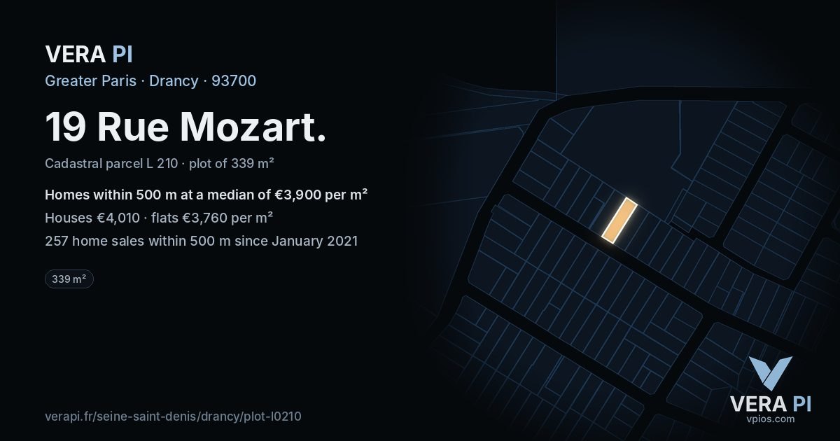 19 Rue Mozart, Drancy at night – the plot lit, the parcels around coloured by the prices near them
