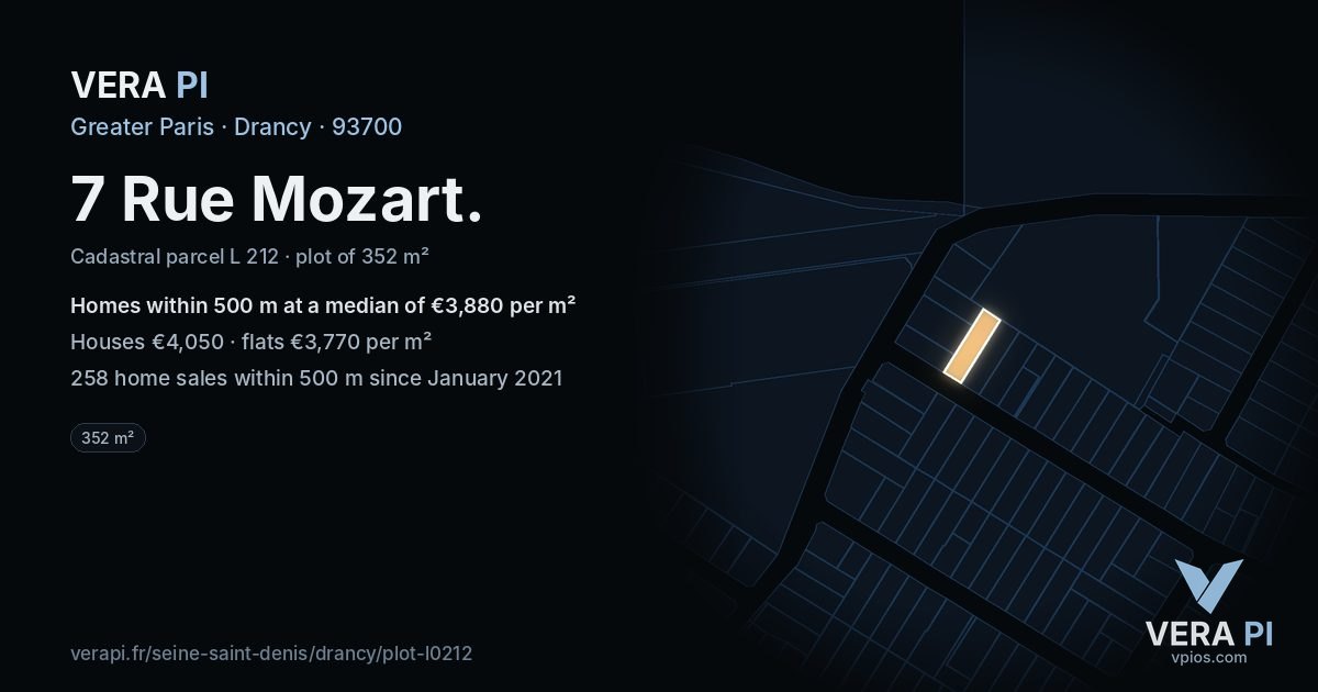 7 Rue Mozart, Drancy at night – the plot lit, the parcels around coloured by the prices near them
