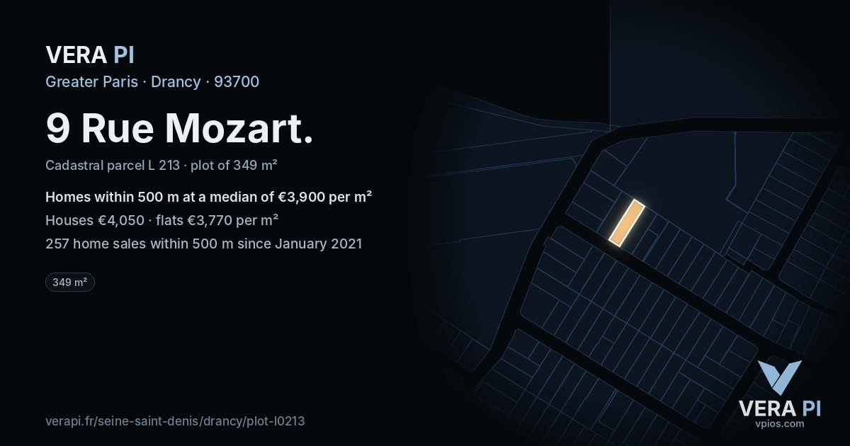 9 Rue Mozart, Drancy at night – the plot lit, the parcels around coloured by the prices near them