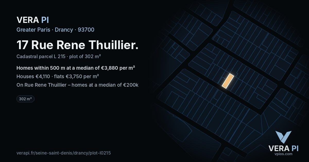 17 Rue Rene Thuillier, Drancy at night – the plot lit, the parcels around coloured by the prices near them