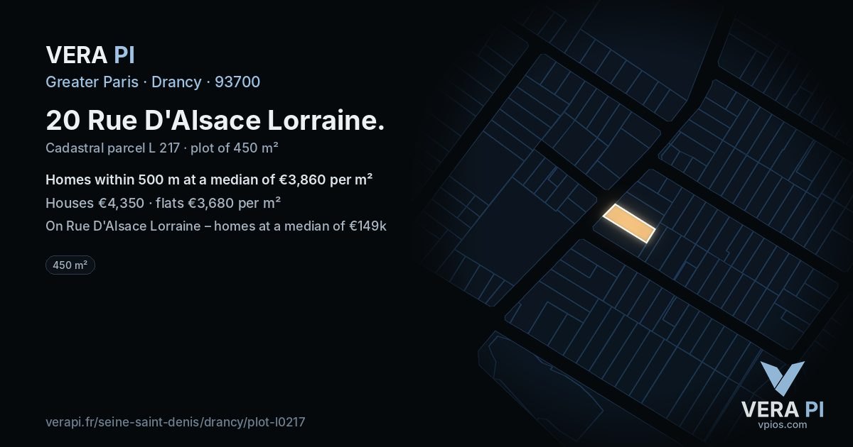 20 Rue D'Alsace Lorraine, Drancy at night – the plot lit, the parcels around coloured by the prices near them