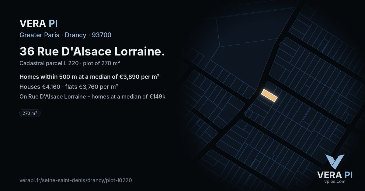 36 Rue D'Alsace Lorraine, Drancy at night – the plot lit, the parcels around coloured by the prices near them