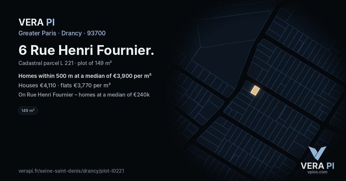 6 Rue Henri Fournier, Drancy at night – the plot lit, the parcels around coloured by the prices near them