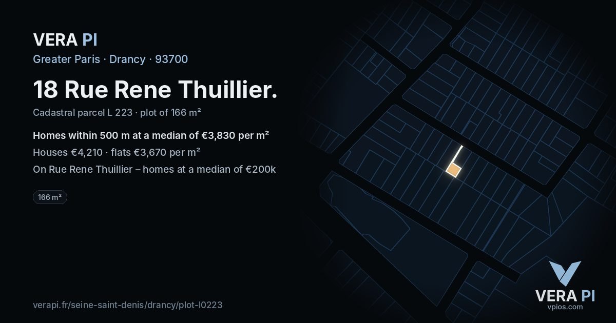 18 Rue Rene Thuillier, Drancy at night – the plot lit, the parcels around coloured by the prices near them