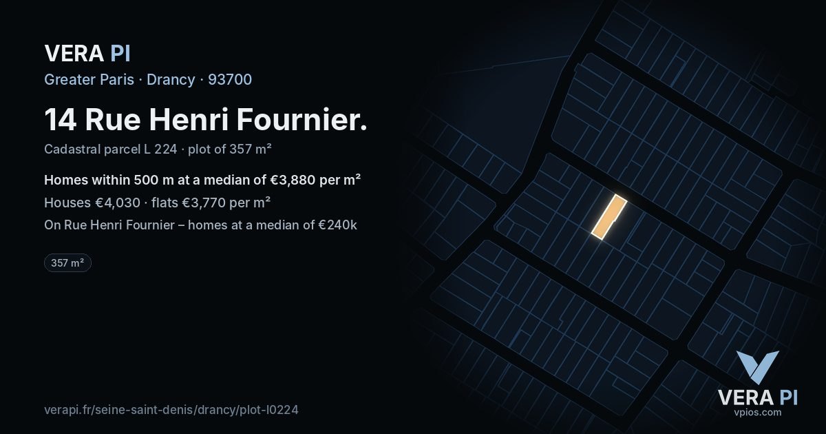 14 Rue Henri Fournier, Drancy at night – the plot lit, the parcels around coloured by the prices near them