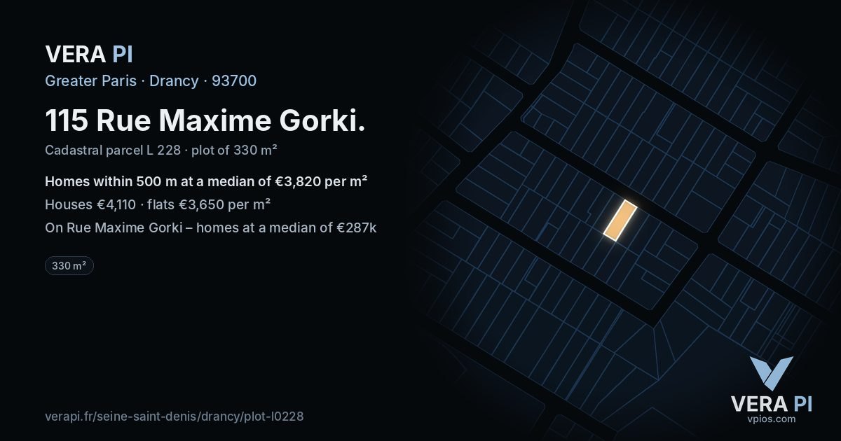 115 Rue Maxime Gorki, Drancy at night – the plot lit, the parcels around coloured by the prices near them