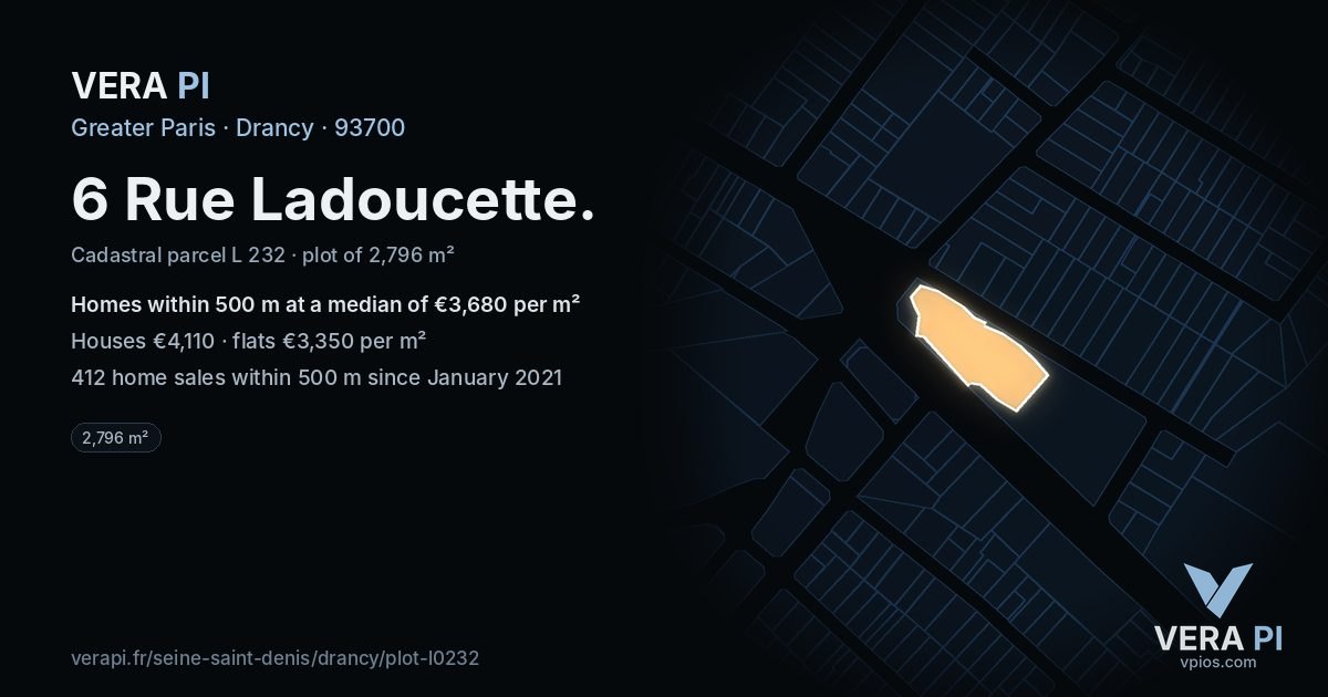 6 Rue Ladoucette, Drancy at night – the plot lit, the parcels around coloured by the prices near them