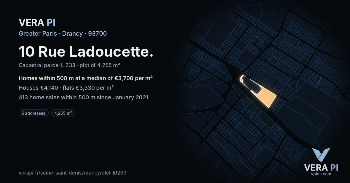 10 Rue Ladoucette, Drancy at night – the plot lit, the parcels around coloured by the prices near them