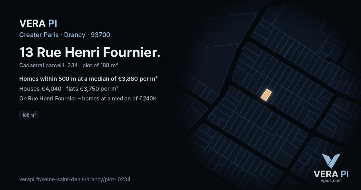 13 Rue Henri Fournier, Drancy at night – the plot lit, the parcels around coloured by the prices near them