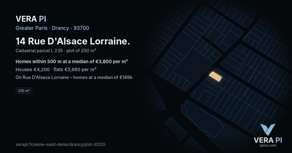 14 Rue D'Alsace Lorraine, Drancy at night – the plot lit, the parcels around coloured by the prices near them