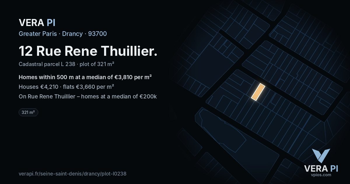 12 Rue Rene Thuillier, Drancy at night – the plot lit, the parcels around coloured by the prices near them