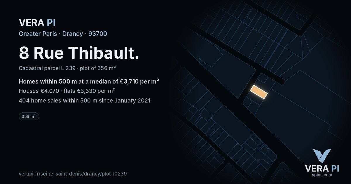 8 Rue Thibault, Drancy at night – the plot lit, the parcels around coloured by the prices near them