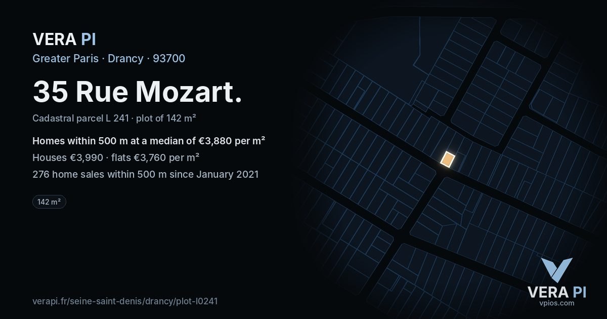 35 Rue Mozart, Drancy at night – the plot lit, the parcels around coloured by the prices near them