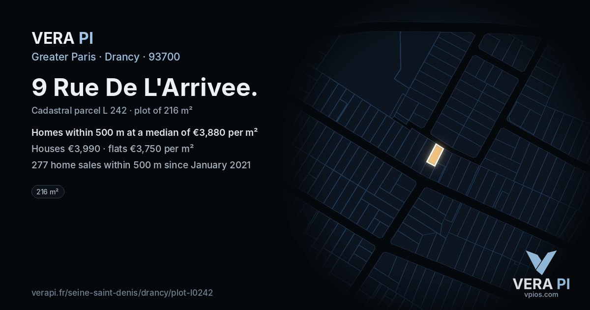 9 Rue De L'Arrivee, Drancy at night – the plot lit, the parcels around coloured by the prices near them