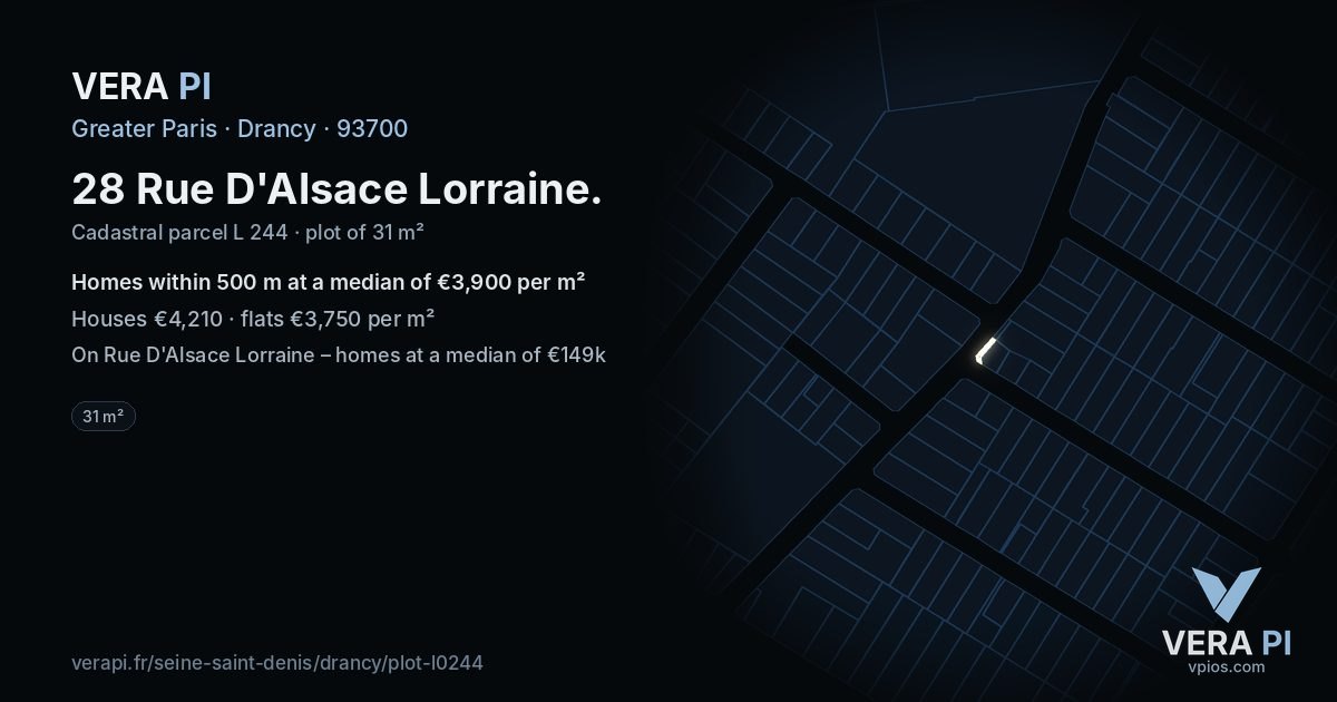 28 Rue D'Alsace Lorraine, Drancy at night – the plot lit, the parcels around coloured by the prices near them