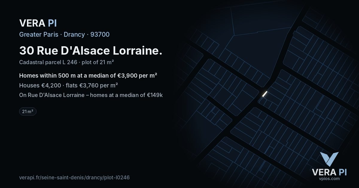 30 Rue D'Alsace Lorraine, Drancy at night – the plot lit, the parcels around coloured by the prices near them