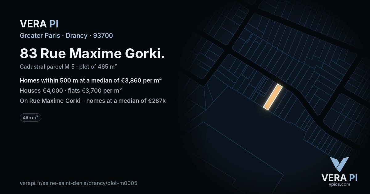 83 Rue Maxime Gorki, Drancy at night – the plot lit, the parcels around coloured by the prices near them