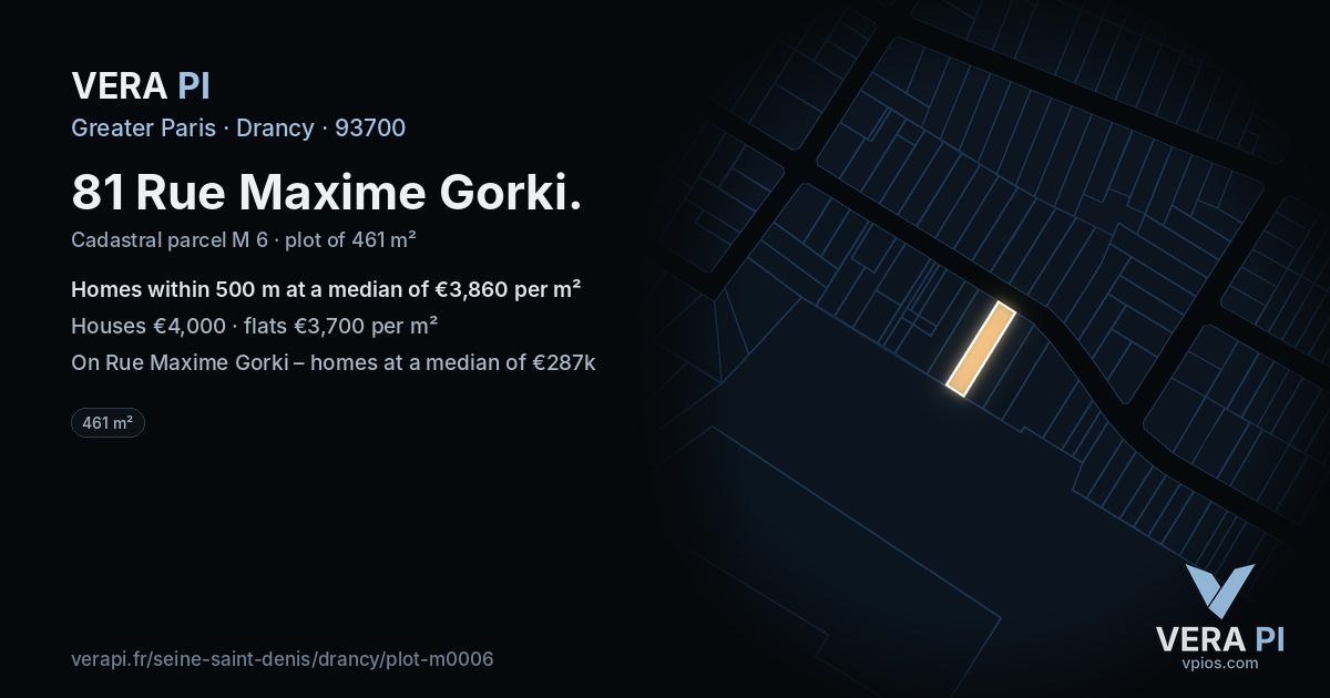 81 Rue Maxime Gorki, Drancy at night – the plot lit, the parcels around coloured by the prices near them