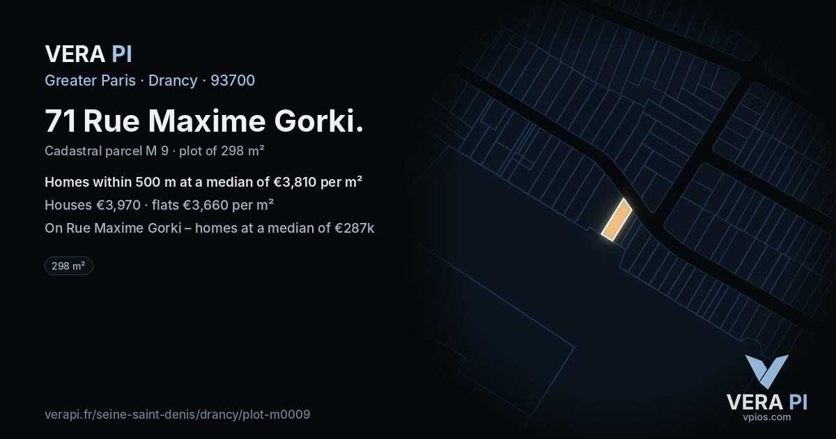 71 Rue Maxime Gorki, Drancy at night – the plot lit, the parcels around coloured by the prices near them