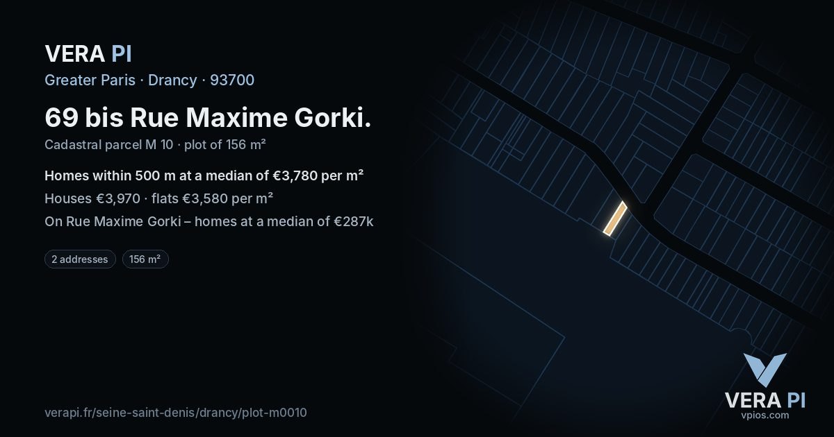 69 bis Rue Maxime Gorki, Drancy at night – the plot lit, the parcels around coloured by the prices near them