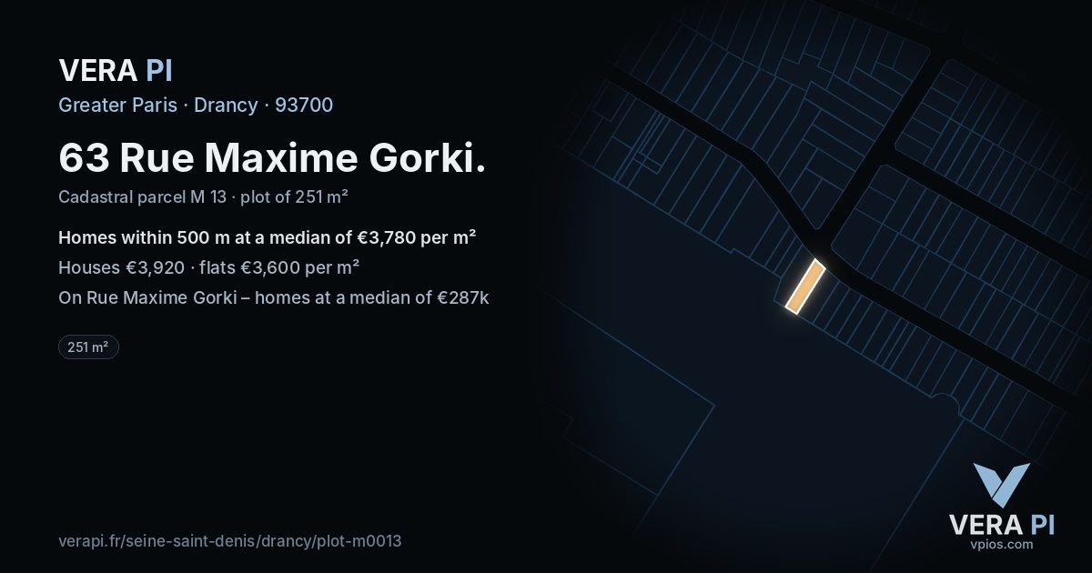 63 Rue Maxime Gorki, Drancy at night – the plot lit, the parcels around coloured by the prices near them