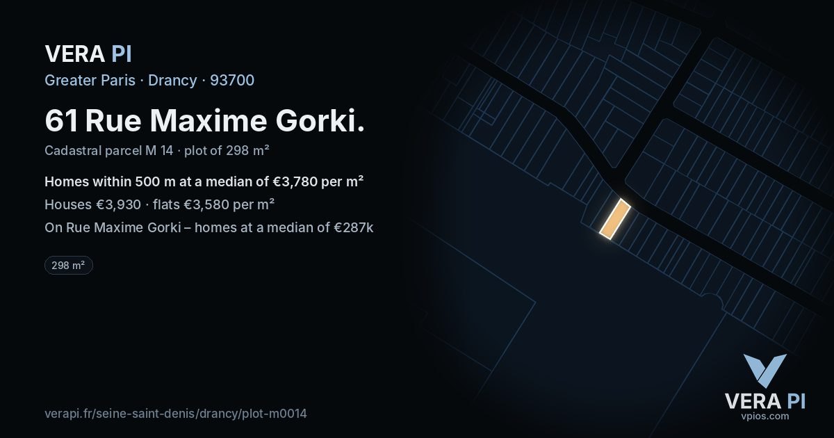 61 Rue Maxime Gorki, Drancy at night – the plot lit, the parcels around coloured by the prices near them