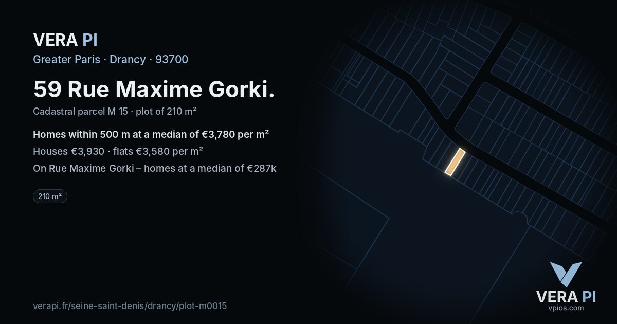 59 Rue Maxime Gorki, Drancy at night – the plot lit, the parcels around coloured by the prices near them