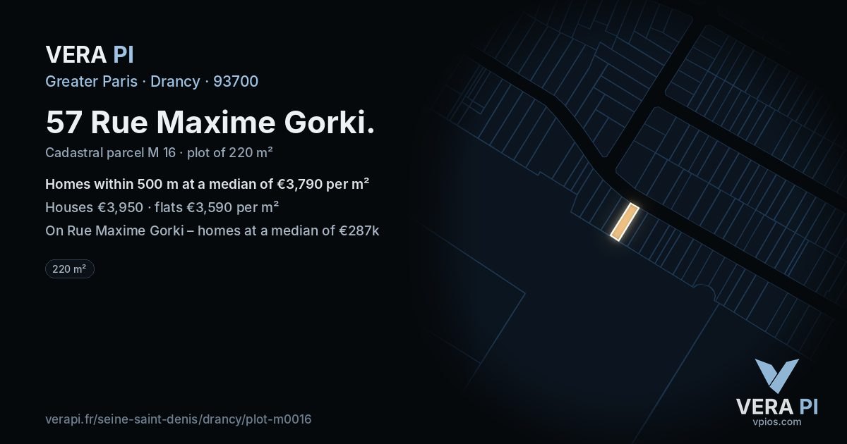 57 Rue Maxime Gorki, Drancy at night – the plot lit, the parcels around coloured by the prices near them