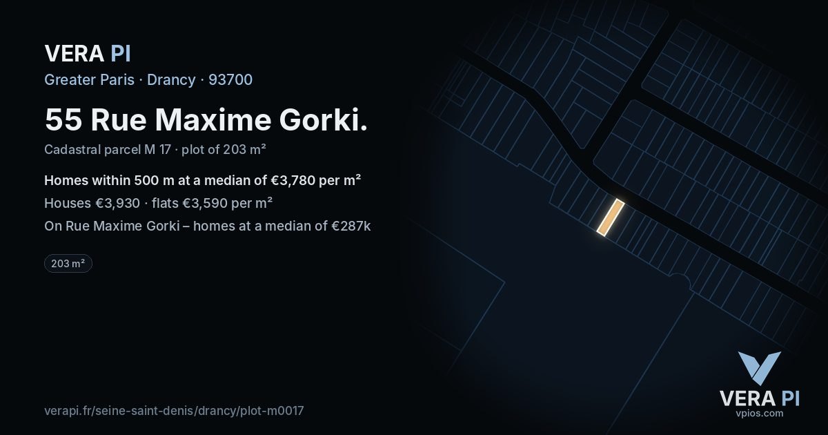 55 Rue Maxime Gorki, Drancy at night – the plot lit, the parcels around coloured by the prices near them