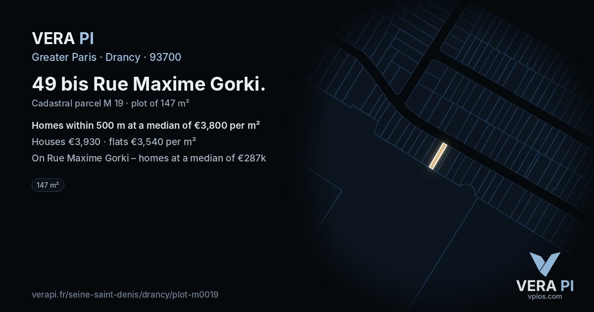 49 bis Rue Maxime Gorki, Drancy at night – the plot lit, the parcels around coloured by the prices near them