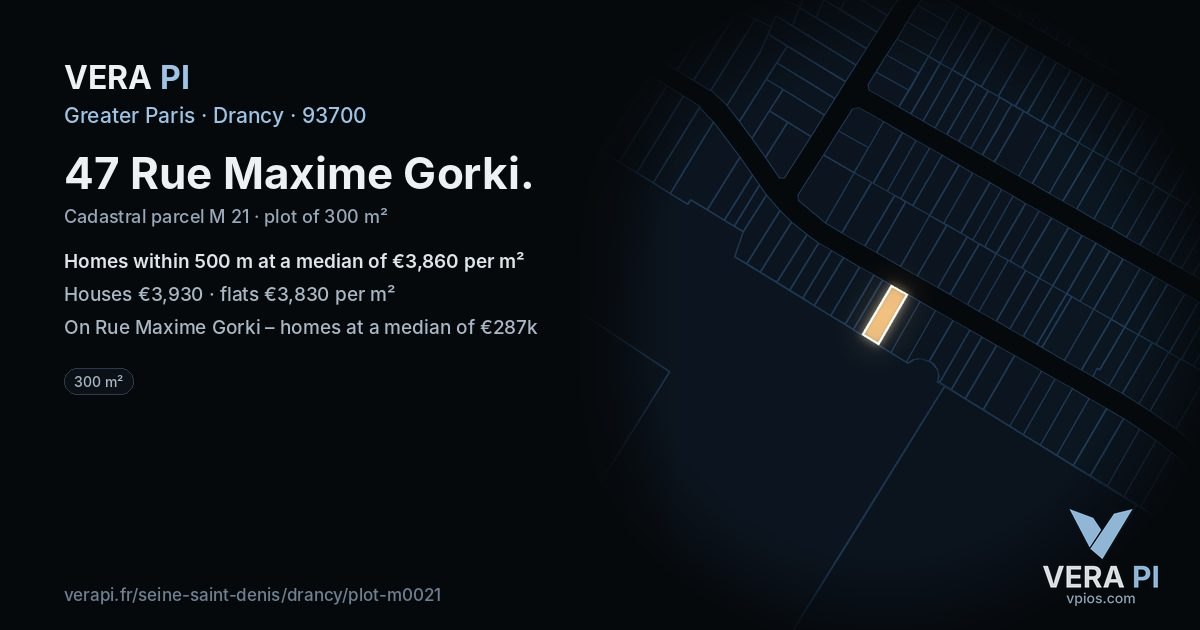 47 Rue Maxime Gorki, Drancy at night – the plot lit, the parcels around coloured by the prices near them