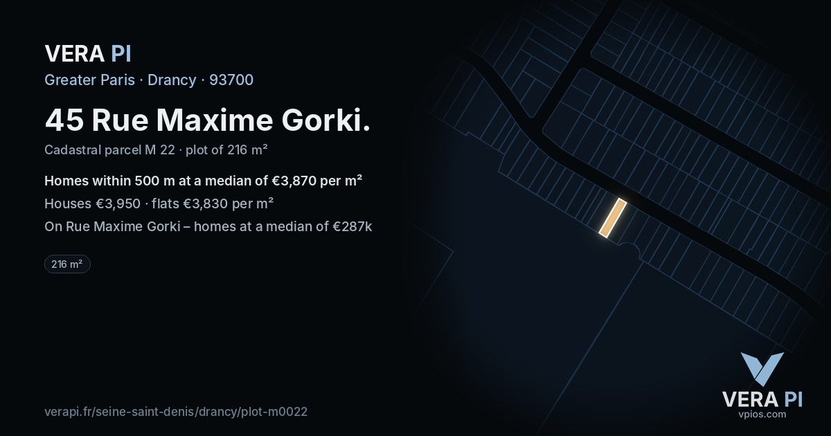 45 Rue Maxime Gorki, Drancy at night – the plot lit, the parcels around coloured by the prices near them