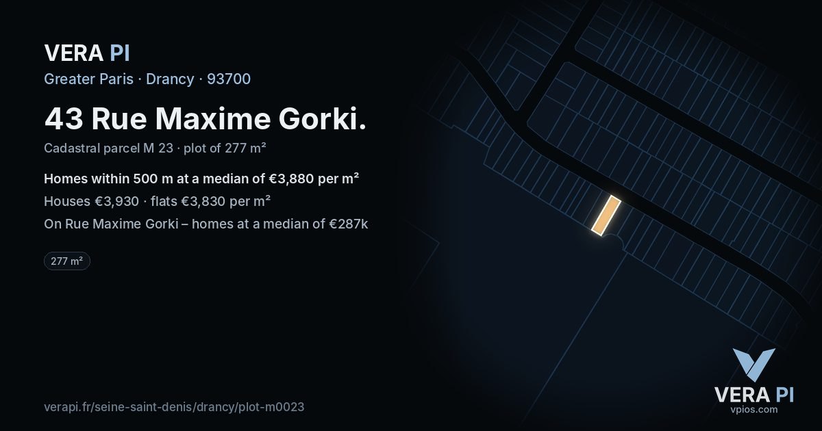 43 Rue Maxime Gorki, Drancy at night – the plot lit, the parcels around coloured by the prices near them